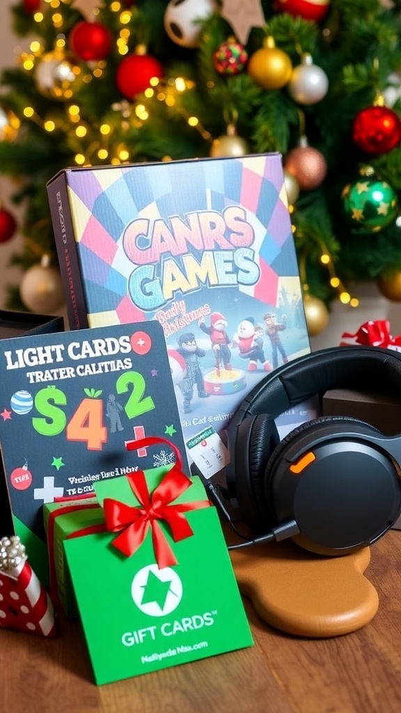 A collection of gaming gifts including a board game, headset, and gift card, set against a festive holiday backdrop.